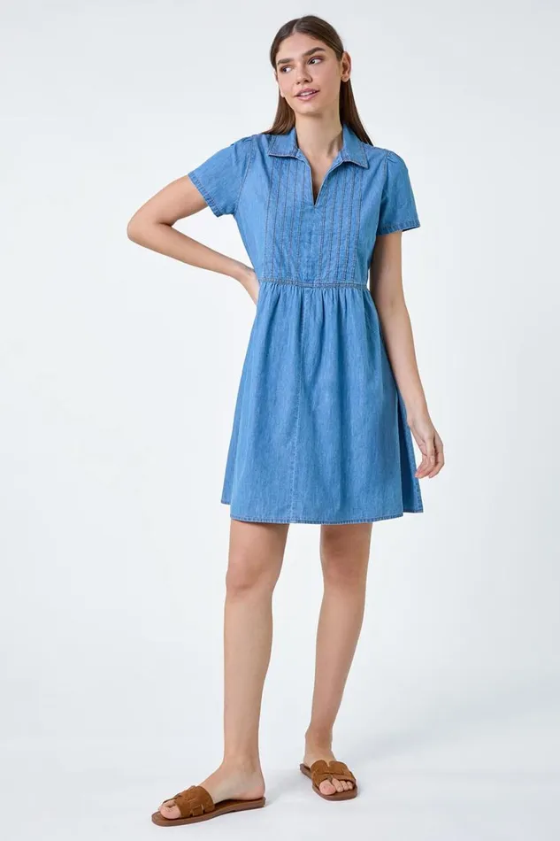 Denim Cotton Denim Collared Dress Women Roman Dresses