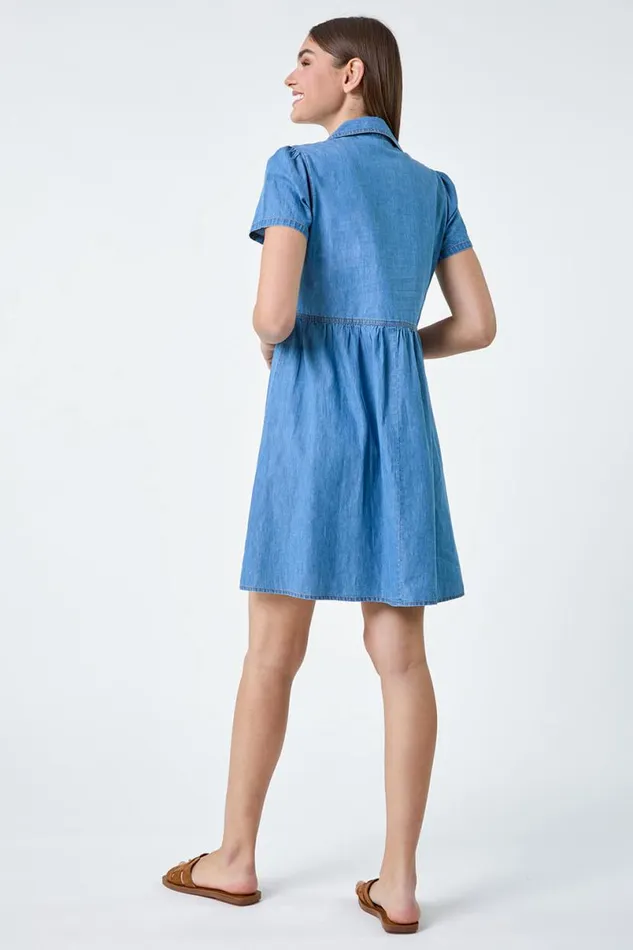Denim Cotton Denim Collared Dress Women Roman Dresses