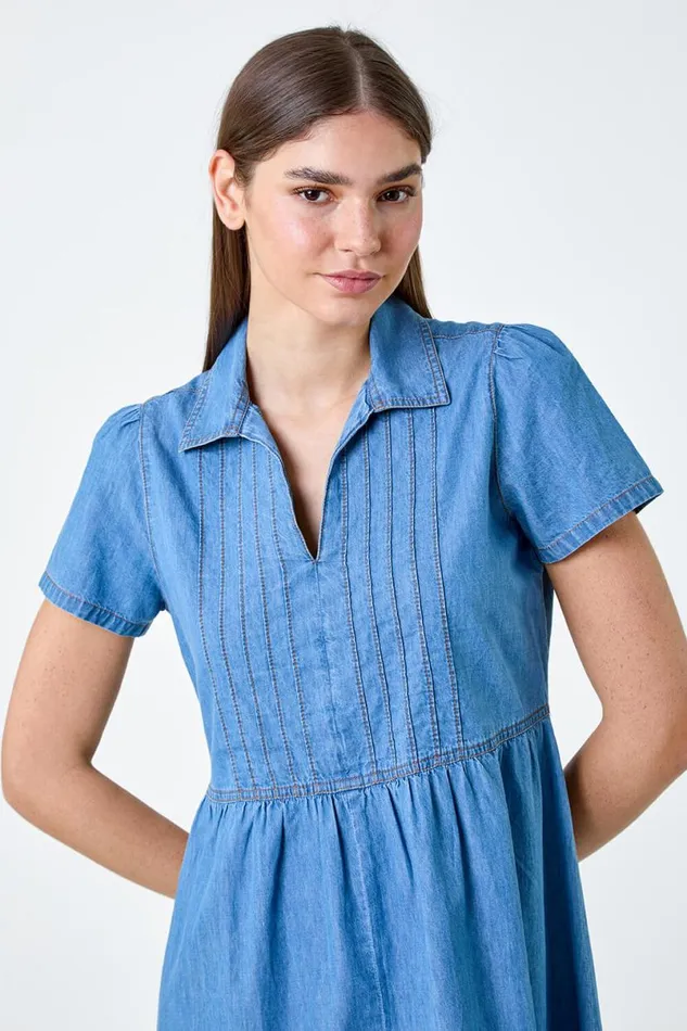 Denim Cotton Denim Collared Dress Women Roman Dresses