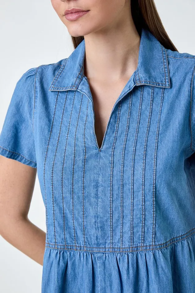 Denim Cotton Denim Collared Dress Women Roman Dresses