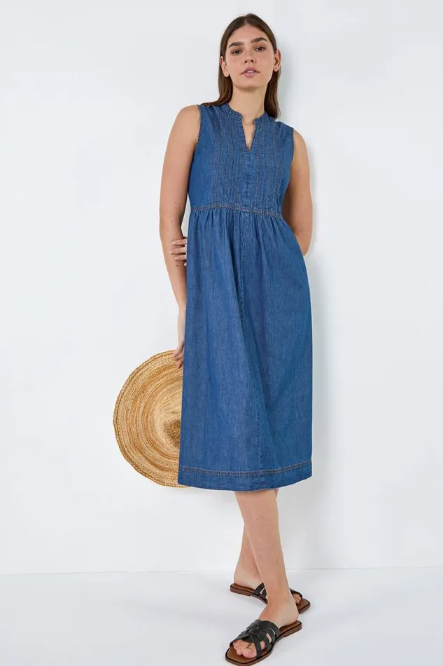Denim Sleeveless Cotton Denim Midi Dress Women Roman Dresses