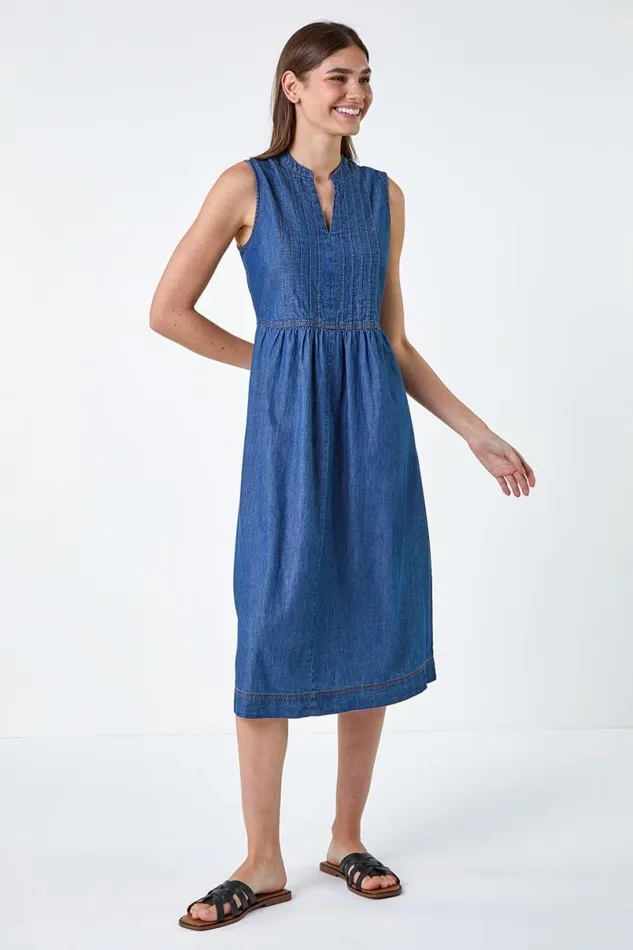 Denim Sleeveless Cotton Denim Midi Dress Women Roman Dresses
