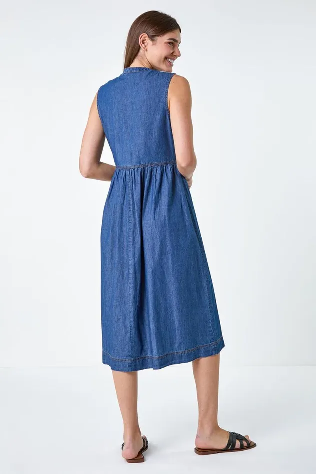 Denim Sleeveless Cotton Denim Midi Dress Women Roman Dresses