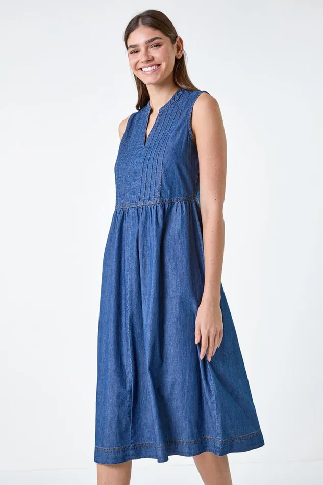 Denim Sleeveless Cotton Denim Midi Dress Women Roman Dresses