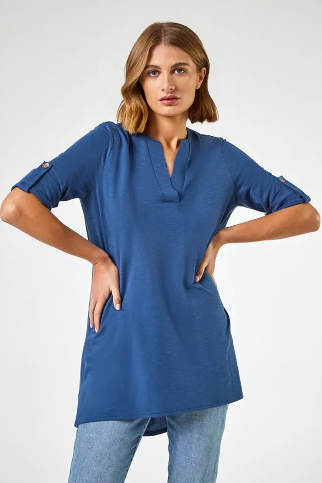 Denim Textured Notch Neck Top Women Roman Tops