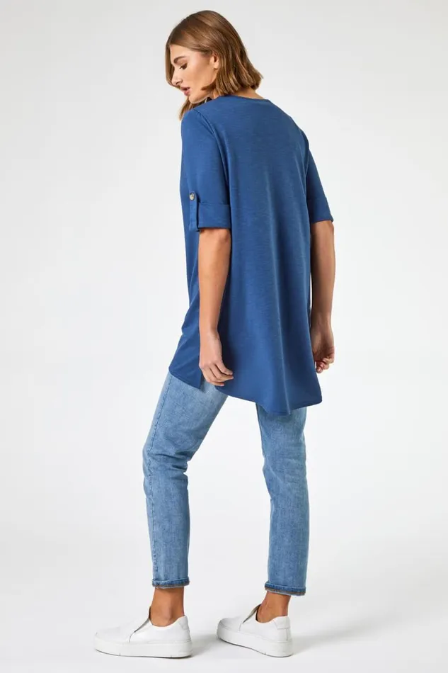 Denim Textured Notch Neck Top Women Roman Tops