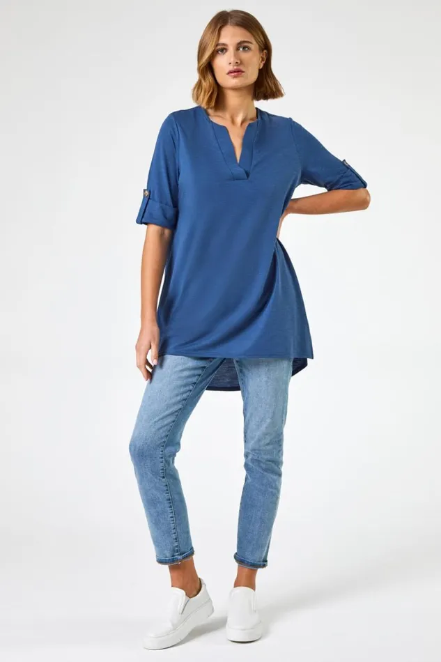 Denim Textured Notch Neck Top Women Roman Tops