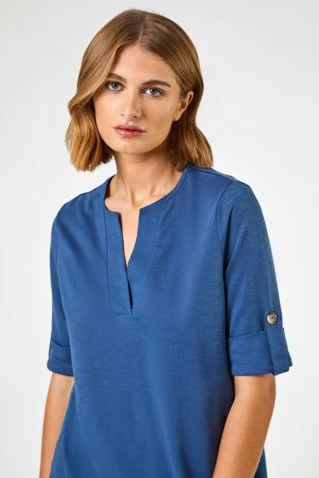 Denim Textured Notch Neck Top Women Roman Tops