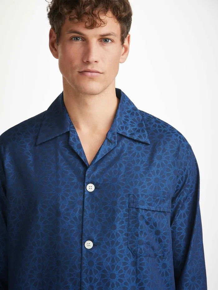Derek Rose Classic Fit Pajamas Paris 26 Cotton Jacquard Navy Men Cotton Pajamas