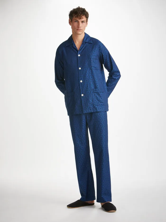 Derek Rose Classic Fit Pajamas Paris 26 Cotton Jacquard Navy Men Cotton Pajamas