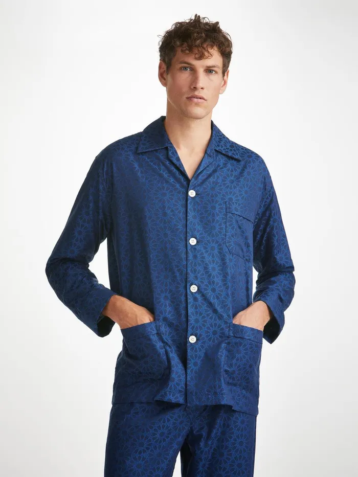 Derek Rose Classic Fit Pajamas Paris 26 Cotton Jacquard Navy Men Cotton Pajamas