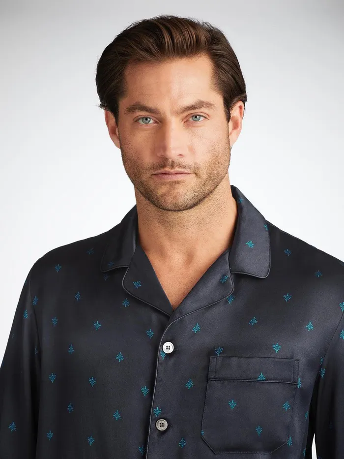 Derek Rose Pajamas Brindisi 106 Silk Satin Navy Men Long Pajamas