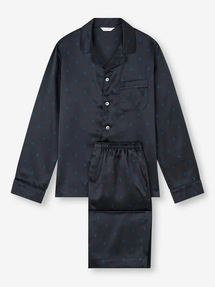 Derek Rose Pajamas Brindisi 106 Silk Satin Navy Men Long Pajamas