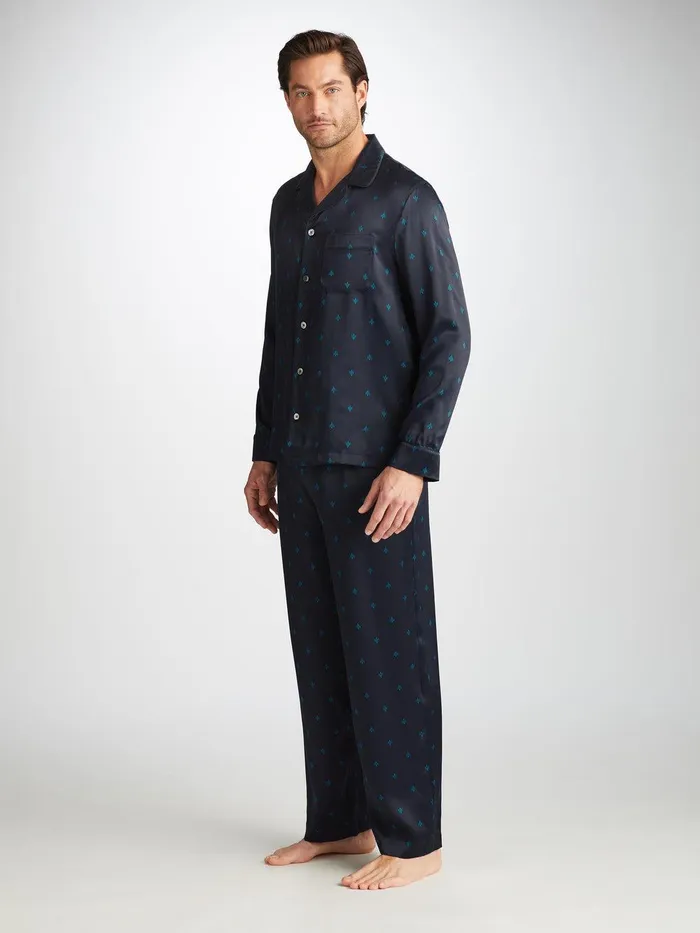 Derek Rose Pajamas Brindisi 106 Silk Satin Navy Men Long Pajamas