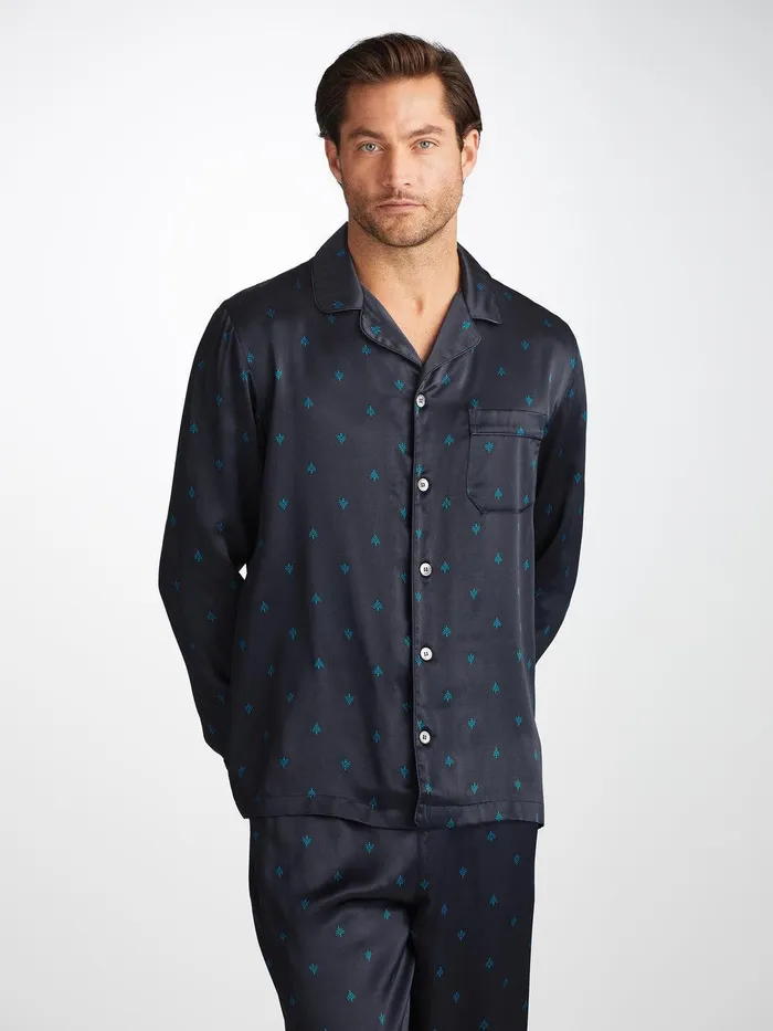 Derek Rose Pajamas Brindisi 106 Silk Satin Navy Men Long Pajamas