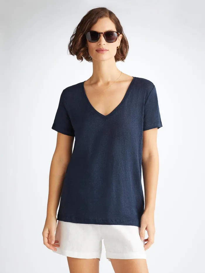 Derek Rose VNeck TShirt Jordan Linen Navy Women Short Sleeve TShirts