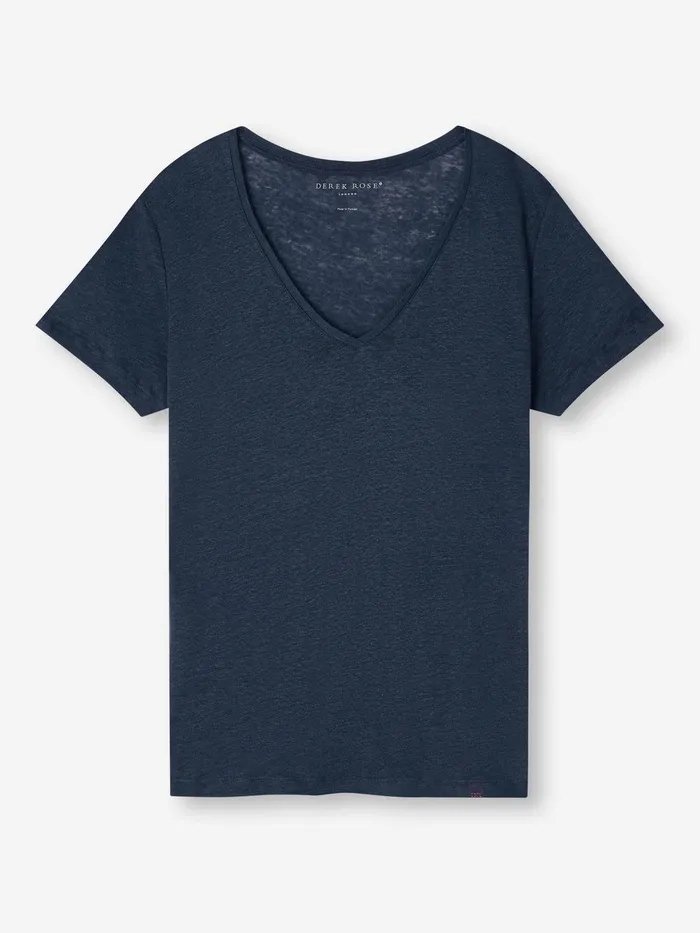 Derek Rose VNeck TShirt Jordan Linen Navy Women Short Sleeve TShirts