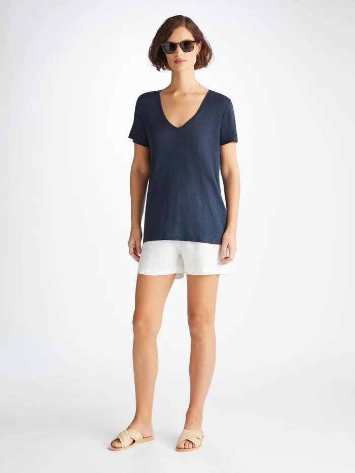 Derek Rose VNeck TShirt Jordan Linen Navy Women Short Sleeve TShirts