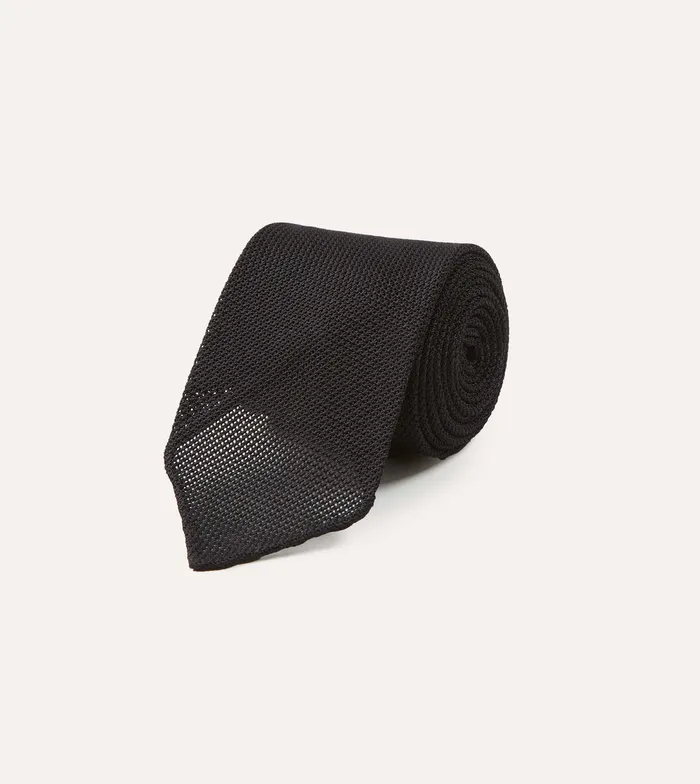 Drake039s Black Fine Woven Grenadine Silk Hand Rolled Tie Men Plain Ties