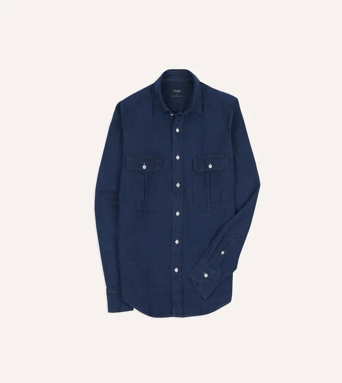 Drake039s Blue Linen TwoPocket Work Shirt Men Work Shirts