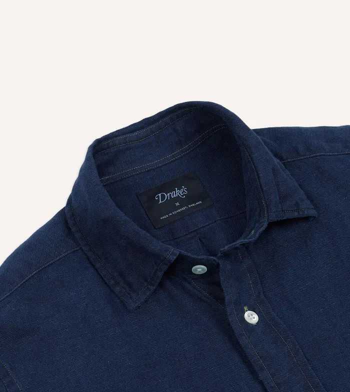Drake039s Blue Linen TwoPocket Work Shirt Men Work Shirts