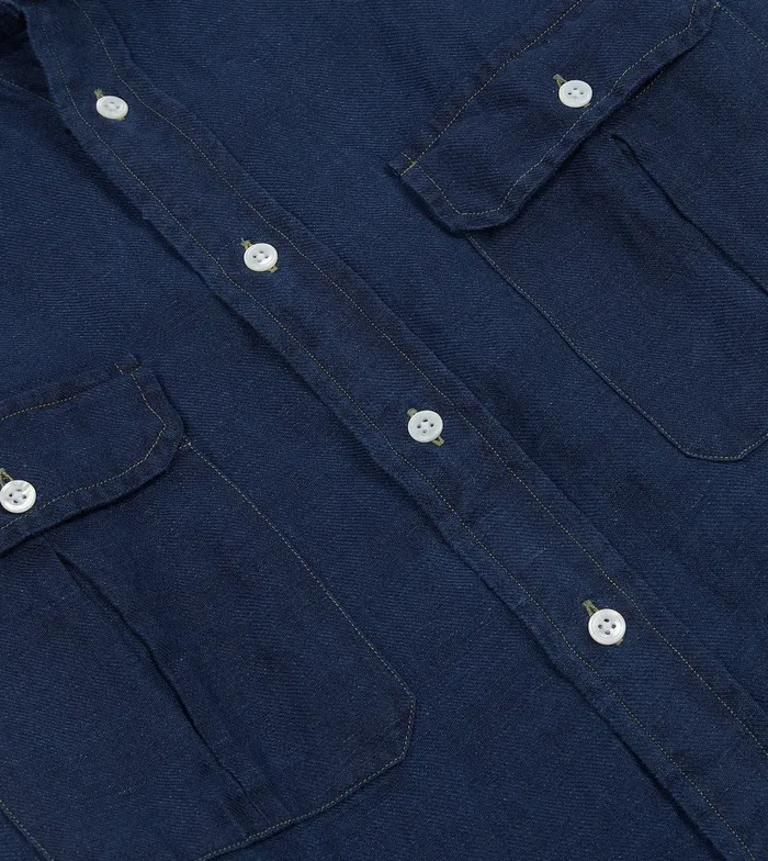 Drake039s Blue Linen TwoPocket Work Shirt Men Work Shirts