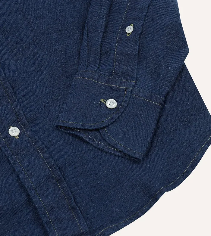 Drake039s Blue Linen TwoPocket Work Shirt Men Work Shirts