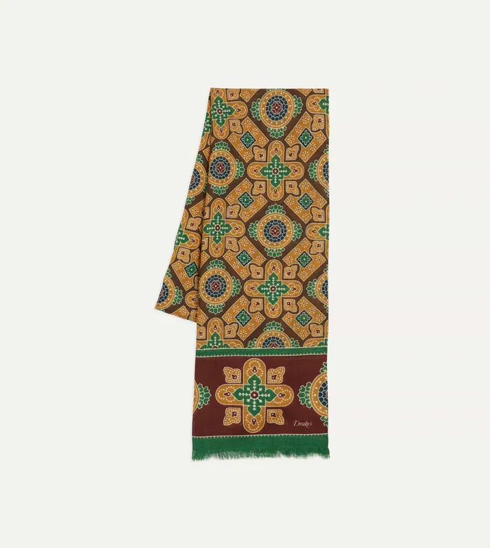 Drake039s Brown And Red Medallion Print WoolSilk Scarf Men Scarves