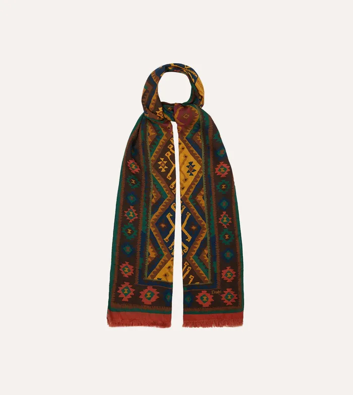 Drake039s Brown Kilim Print WoolSilk Scarf Men Scarves