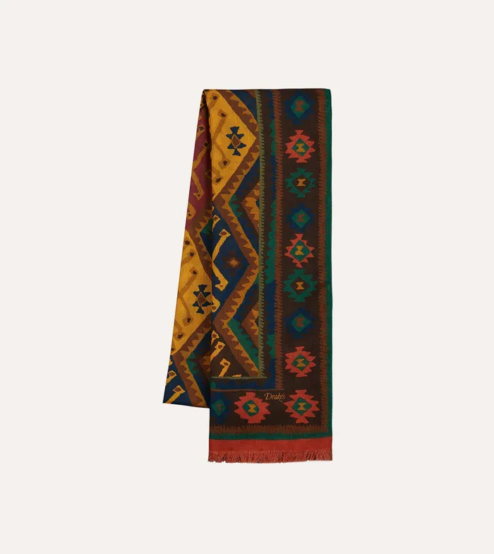 Drake039s Brown Kilim Print WoolSilk Scarf Men Scarves
