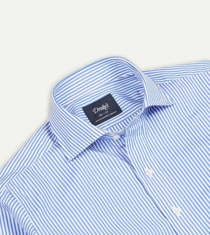 Drake039s Dark Blue And White Bengal Stripe Spread Collar Cotton Poplin Shirt Men Formal Shirts