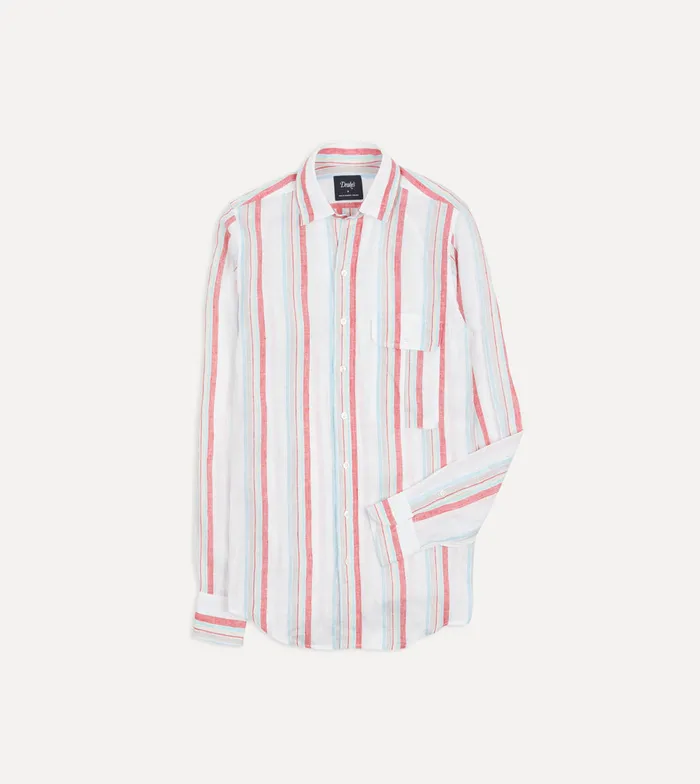 Drake039s Ecru Red And Blue Track Stripe Linen Spread Collar Shirt Men Striped Shirts Drake039s Ecru Red And Blue Track Stripe Linen Spread Collar Shirt Men Striped Shirts