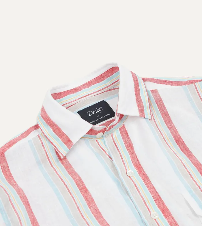 Drake039s Ecru Red And Blue Track Stripe Linen Spread Collar Shirt Men Striped Shirts