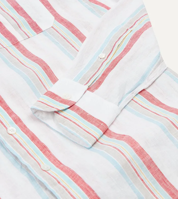 Drake039s Ecru Red And Blue Track Stripe Linen Spread Collar Shirt Men Striped Shirts