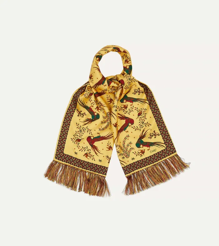 Drake039s Gold Birds Of Paradise Print Tubular Silk Tasselled Scarf Men Scarves Drake039s Gold Birds Of Paradise Print Tubular Silk Tasselled Scarf Men Scarves