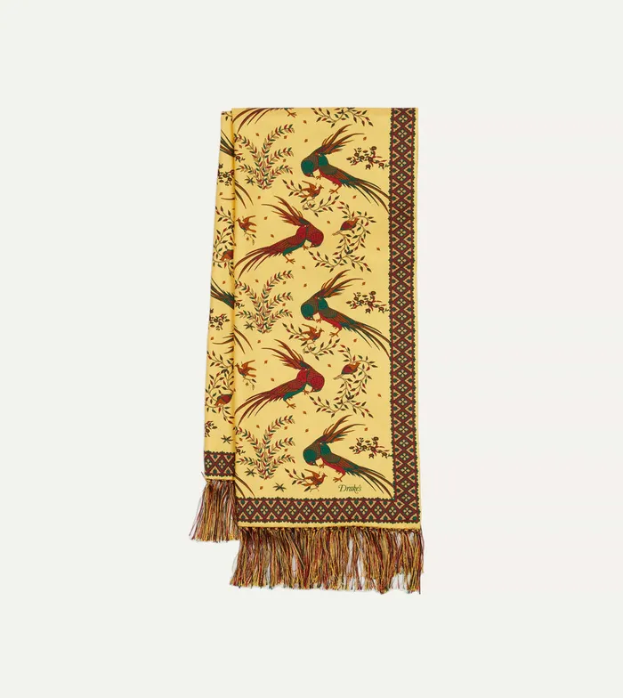 Drake039s Gold Birds Of Paradise Print Tubular Silk Tasselled Scarf Men Scarves