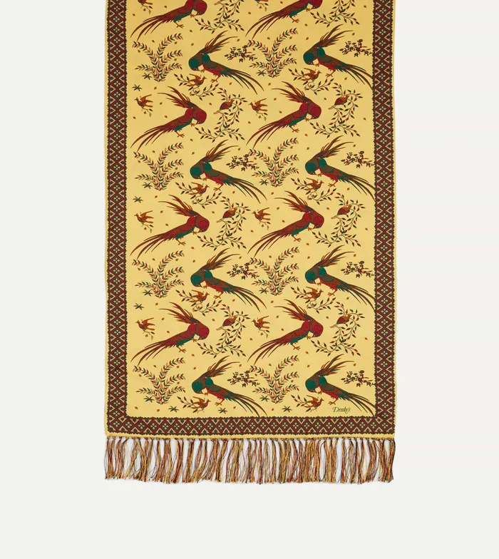 Drake039s Gold Birds Of Paradise Print Tubular Silk Tasselled Scarf Men Scarves
