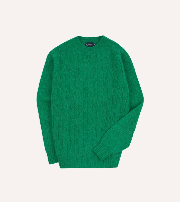 Drake039s Green Brushed Shetland Cable Knit Crew Neck Jumper Men Knitwear