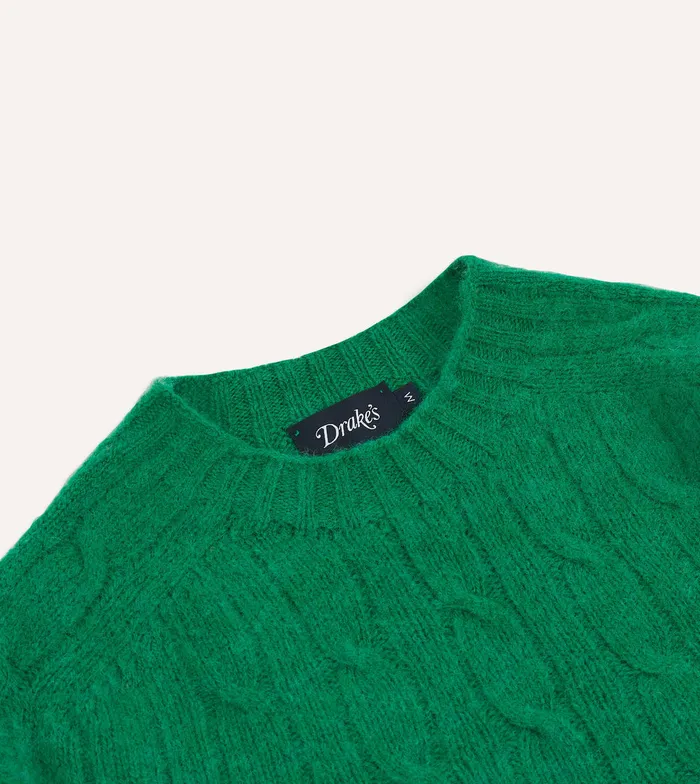 Drake039s Green Brushed Shetland Cable Knit Crew Neck Jumper Men Knitwear