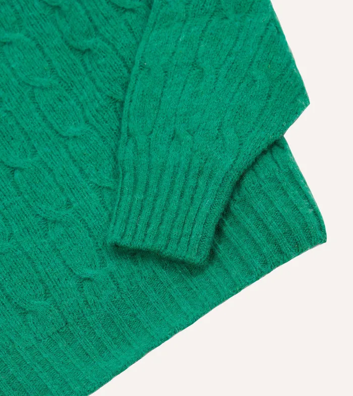 Drake039s Green Brushed Shetland Cable Knit Crew Neck Jumper Men Knitwear