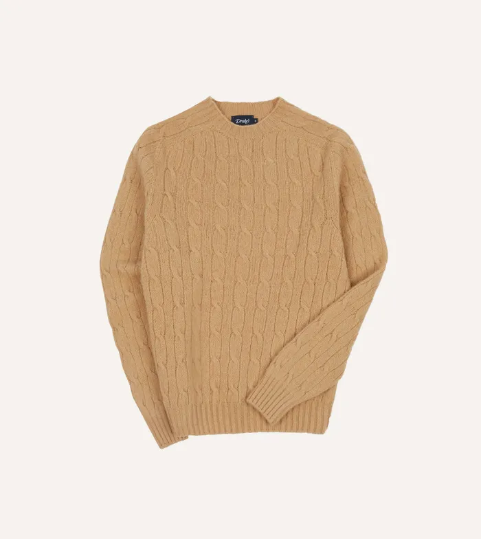 Drake039s Light Brown Brushed Shetland Cable Knit Crew Neck Jumper Men Knitwear Drake039s Light Brown Brushed Shetland Cable Knit Crew Neck Jumper Men Knitwear