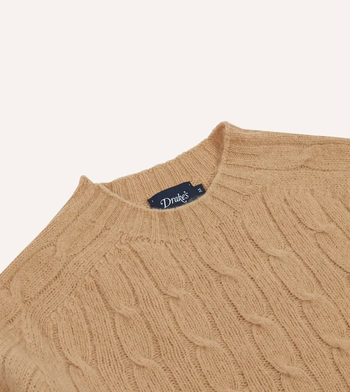 Drake039s Light Brown Brushed Shetland Cable Knit Crew Neck Jumper Men Knitwear