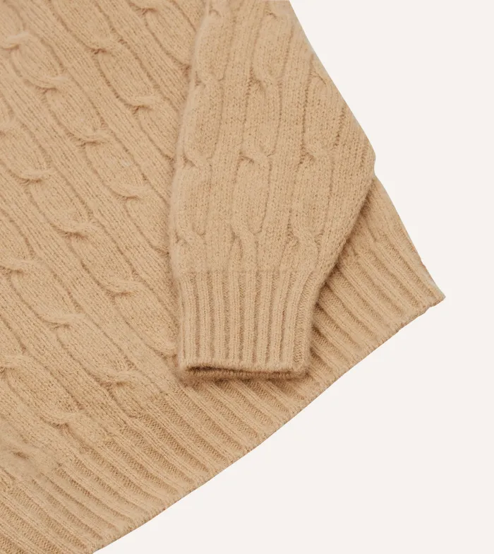 Drake039s Light Brown Brushed Shetland Cable Knit Crew Neck Jumper Men Knitwear