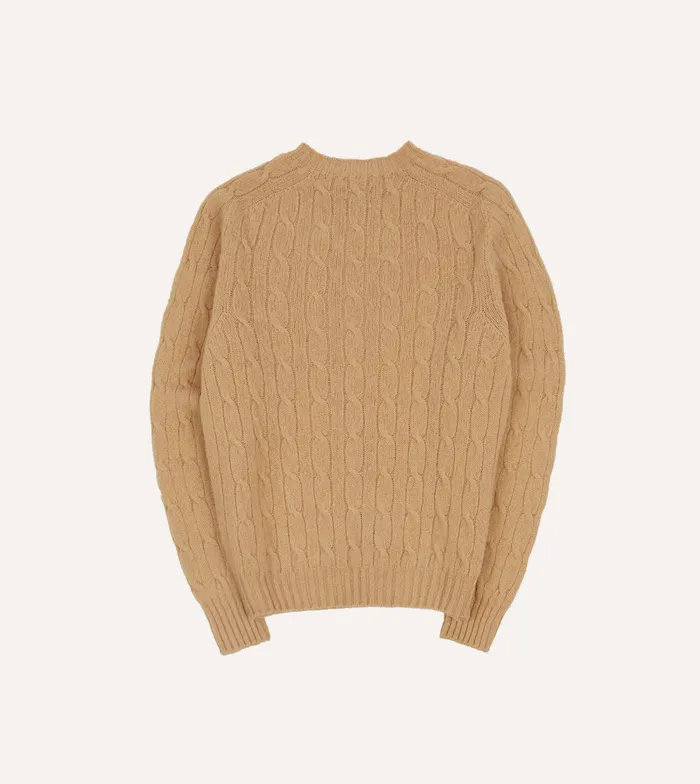 Drake039s Light Brown Brushed Shetland Cable Knit Crew Neck Jumper Men Knitwear
