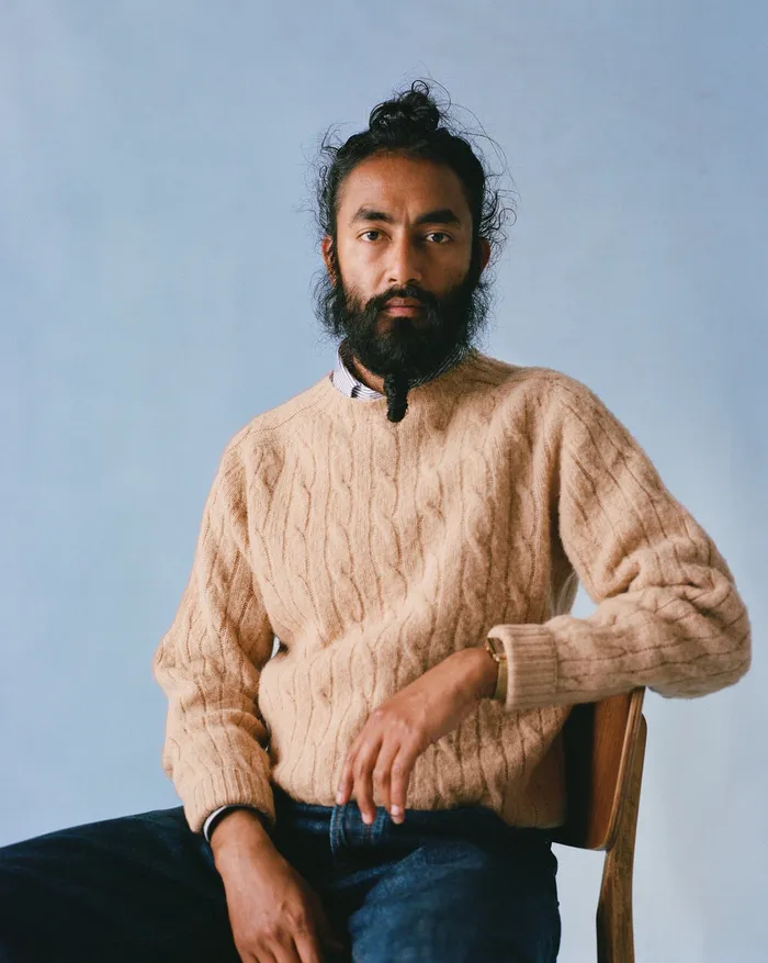 Drake039s Light Brown Brushed Shetland Cable Knit Crew Neck Jumper Men Knitwear