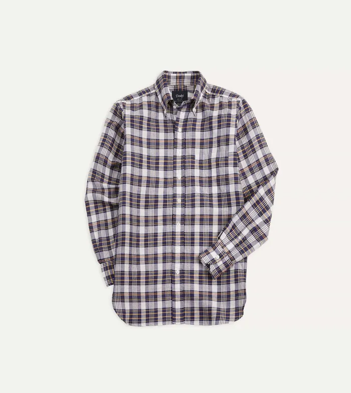 Drake039s Navy Check Cotton Linen ButtonDown Shirt Men Linen Shirts