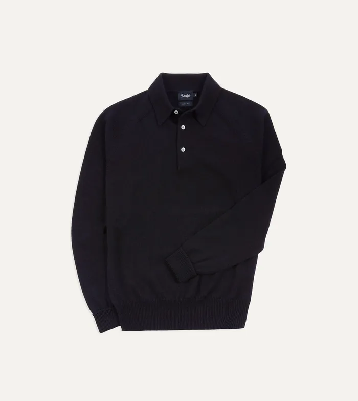 Drake039s Navy Merino Wool Knitted Polo Men Knitwear