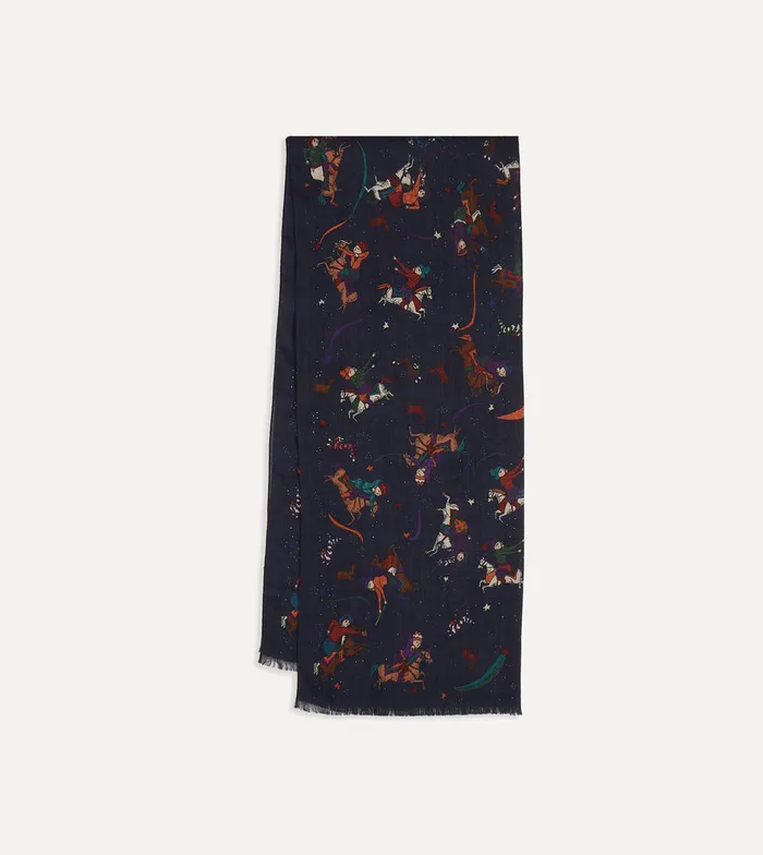 Drake039s Navy Mughal And Stars Print Wool Scarf Men Scarves