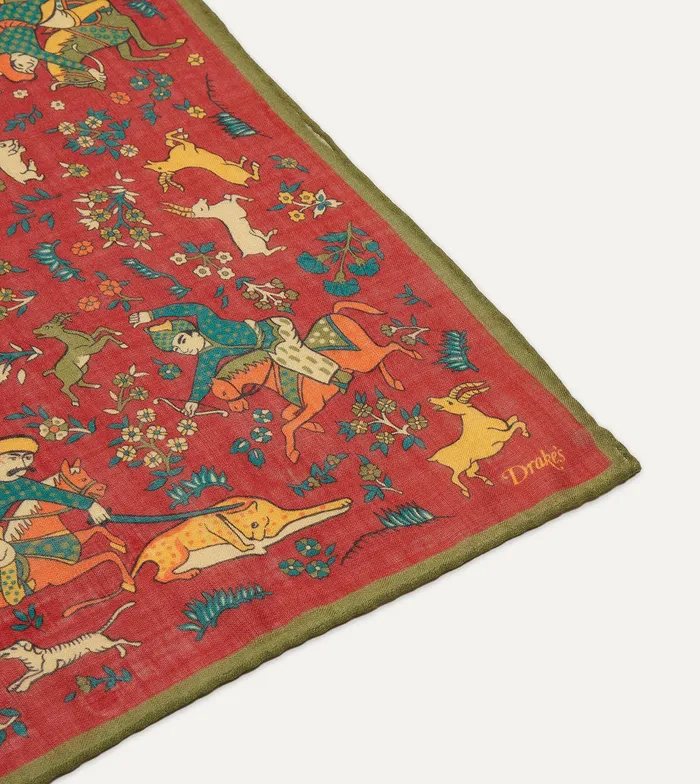 Drake039s Red Mughal Print WoolSilk Square Scarf Men Scarves