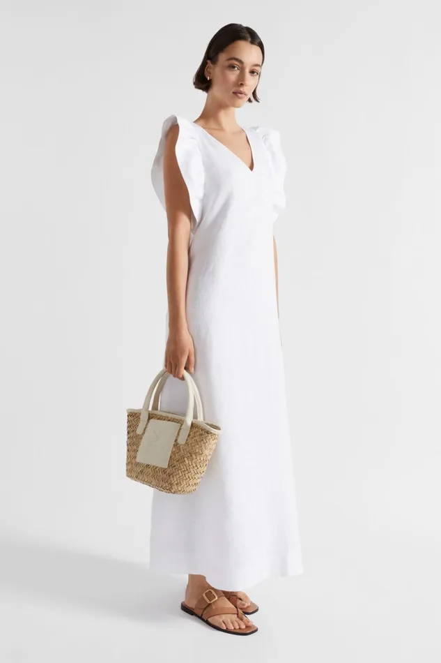 Dresses Woman Seed Heritage Linen Frill Sleeve Column Dress Whisper White